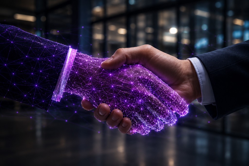 Aperto de mão entre uma mão humana em terno e uma mão digital em wireframe roxo, simbolizando parceria entre pessoas e IA.